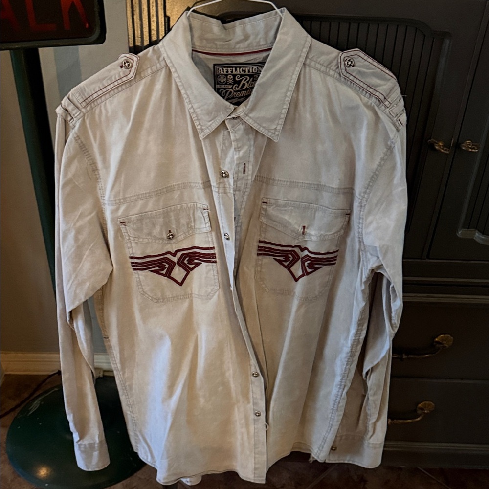 Affliction Cream Shirt with Red Embroidery